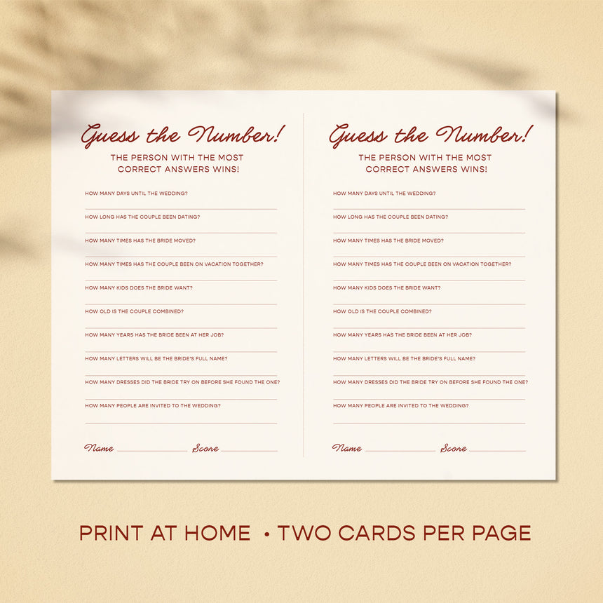 Bridal Shower Game Printable - Guess the Number