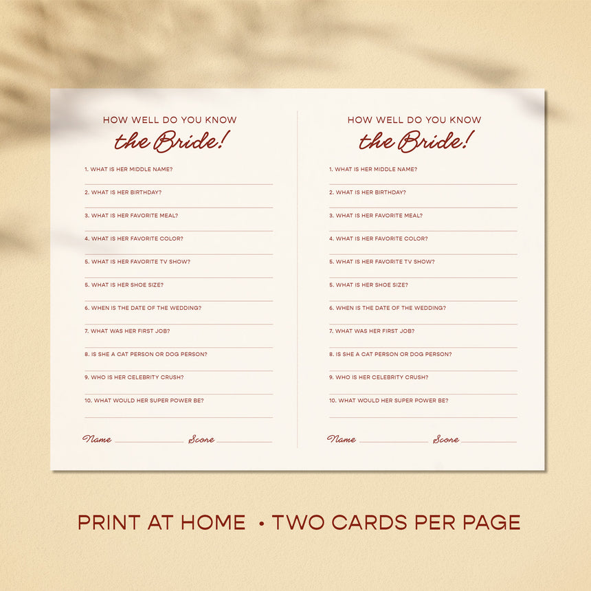 Bridal Shower Game Printable - Do You Know the Bride